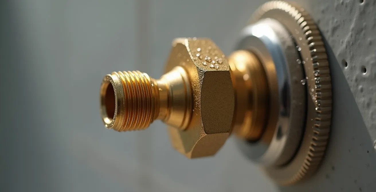 Détail en gros plan d'un robinet d'arrêt standard 3/8 pouce montrant le filetage, le joint et la connexion équerre