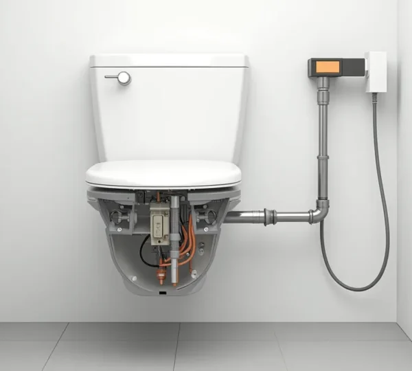 Installation complète d'un WC japonais moderne dans une salle de bain contemporaine, montrant tous les raccordements techniques