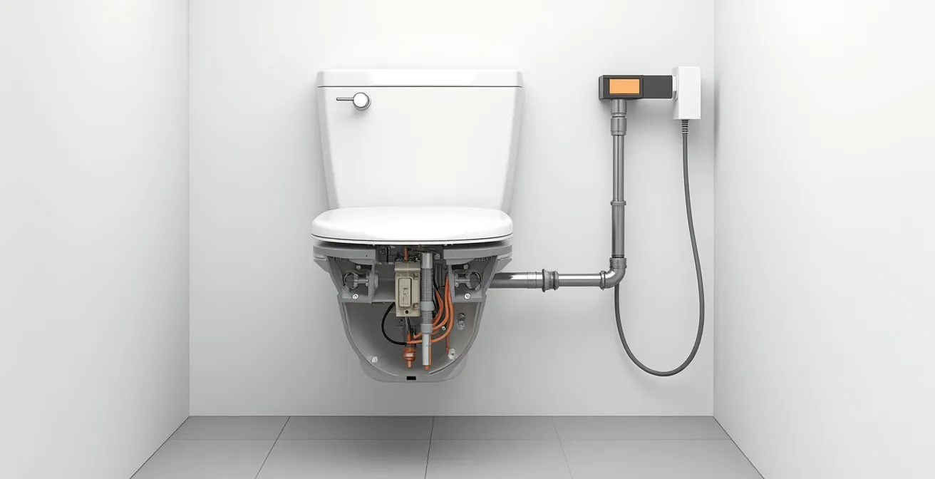 Installation complète d'un WC japonais moderne dans une salle de bain contemporaine, montrant tous les raccordements techniques
