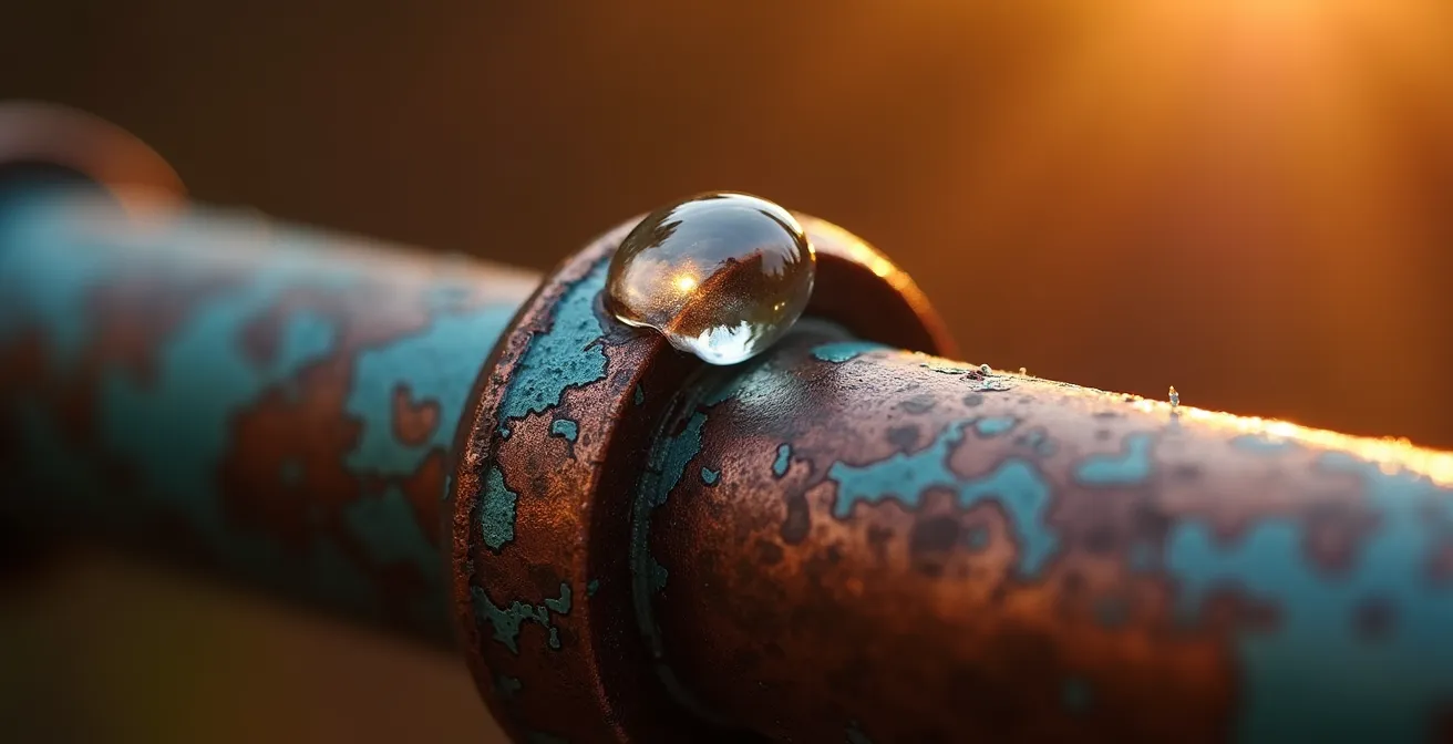 Gros plan macro sur une goutte d'eau perlant sur un tuyau de cuivre