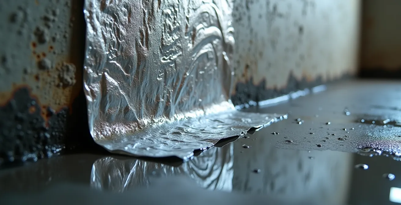 Test de diagnostic avec feuille d'aluminium contre un mur humide de sous-sol