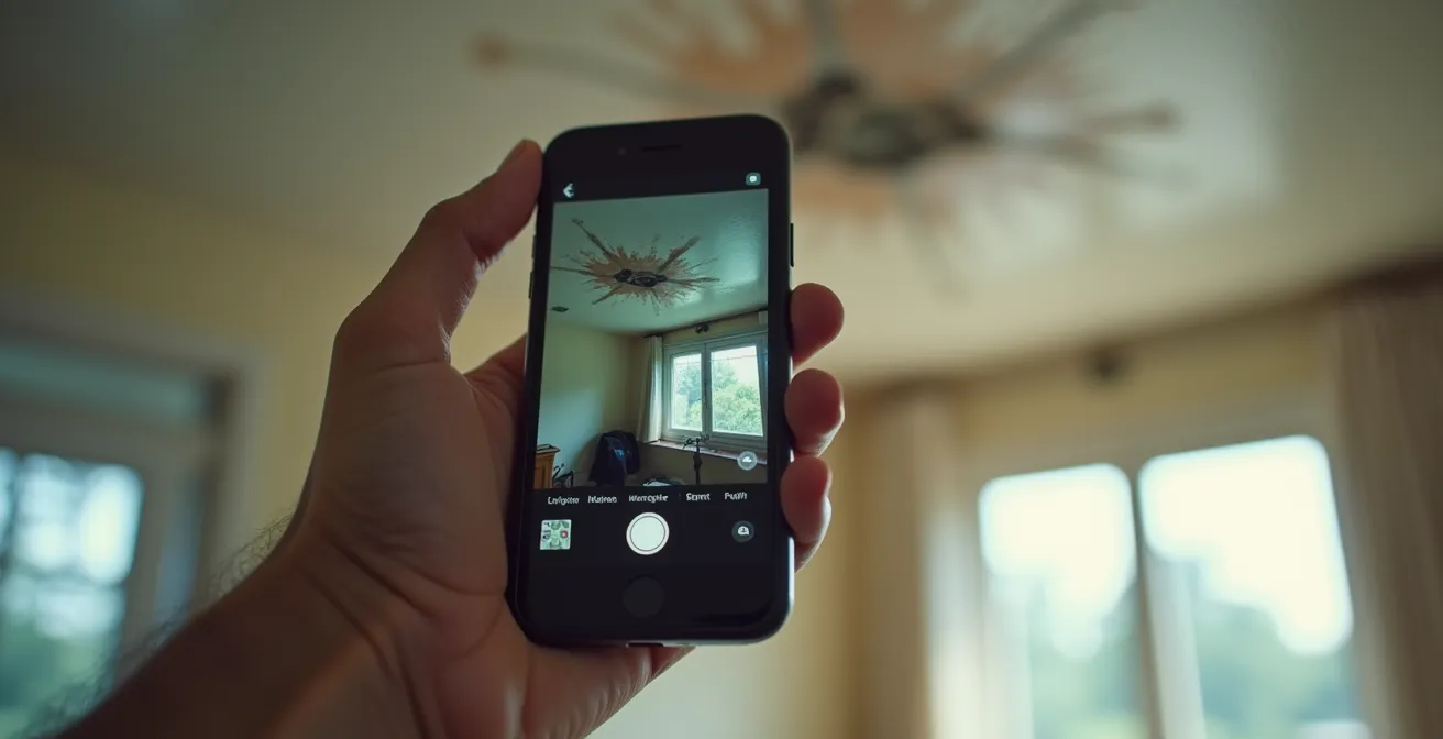 Main tenant un téléphone photographiant des dégâts d'eau au plafond