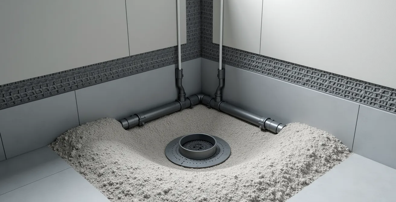 Vue en coupe d'un puisard correctement installé dans un sous-sol