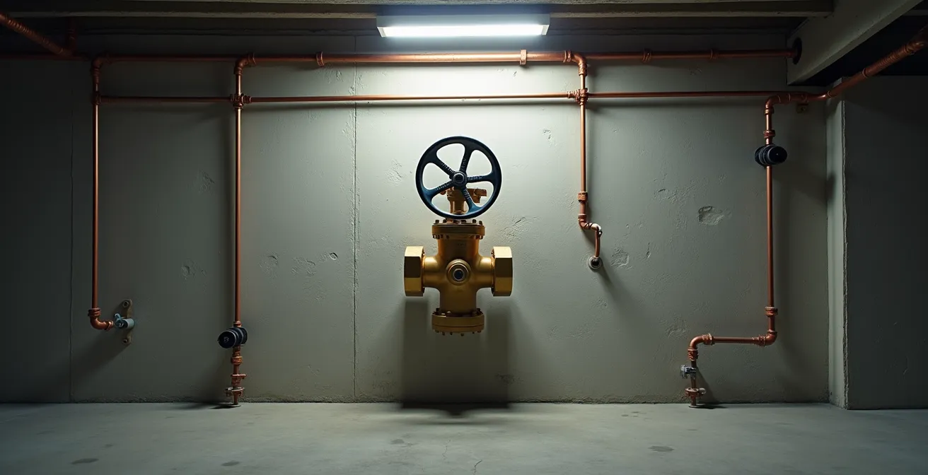Vue environnementale d'une vanne d'arrêt principal dans un sous-sol