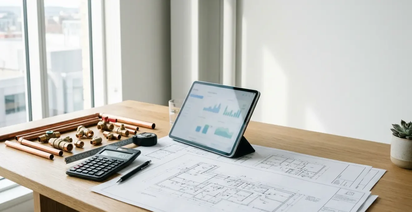 Analyse professionnelle de devis de plomberie avec calculatrice et plans techniques