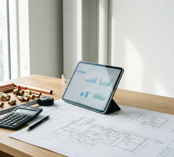 Analyse professionnelle de devis de plomberie avec calculatrice et plans techniques