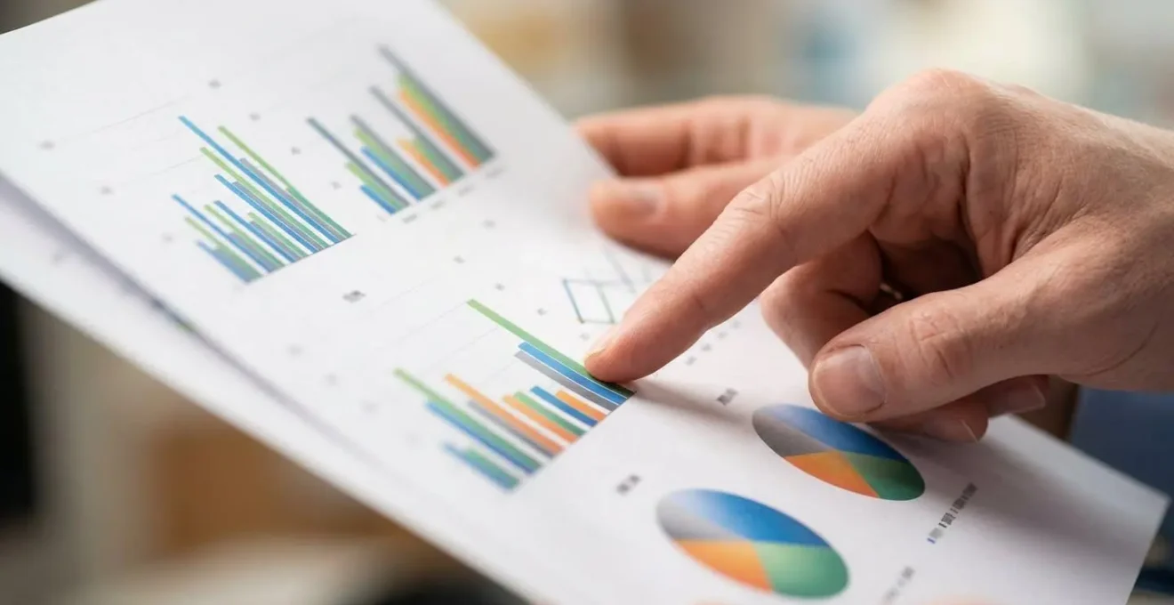 Gros plan sur des mains analysant des graphiques financiers imprimés