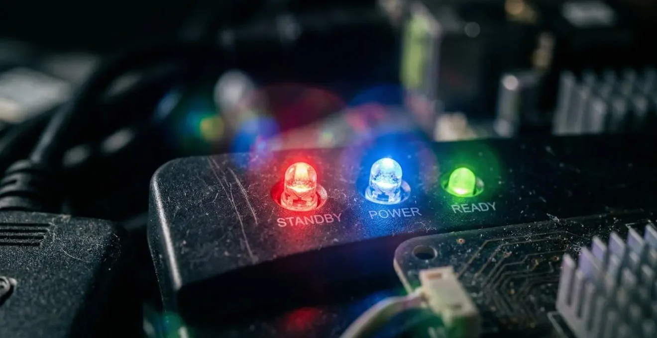 Détail macro d'un voyant LED d'appareil en veille dans l'obscurité, symbolisant la consommation cachée.
