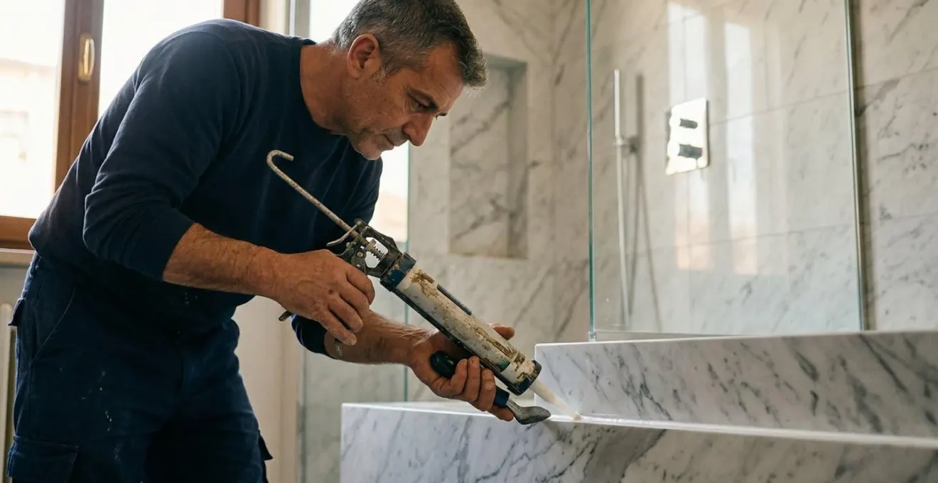 Artisan spécialisé ajustant avec précision un joint silicone dans une douche à l'italienne luxueuse
