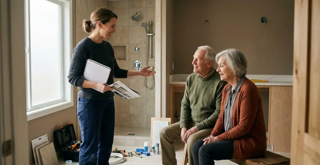 Professionnel certifié Handibat conseillant un couple senior sur l'aménagement de leur salle de bain