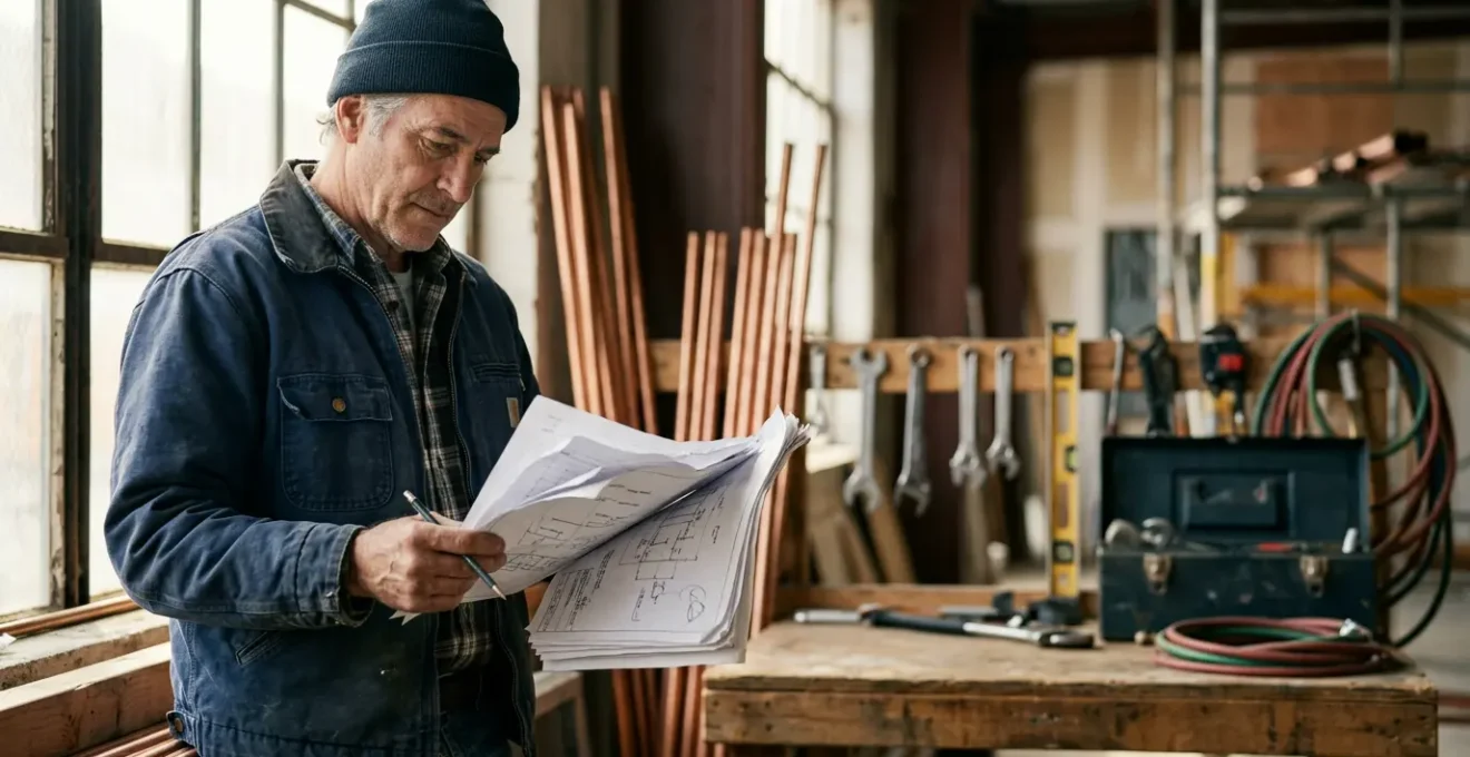 Artisan plombier examinant une attestation d'assurance décennale sur un chantier