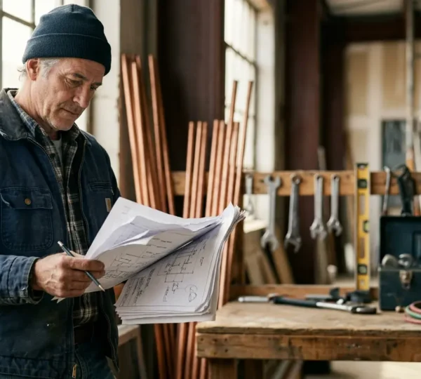 Artisan plombier examinant une attestation d'assurance décennale sur un chantier