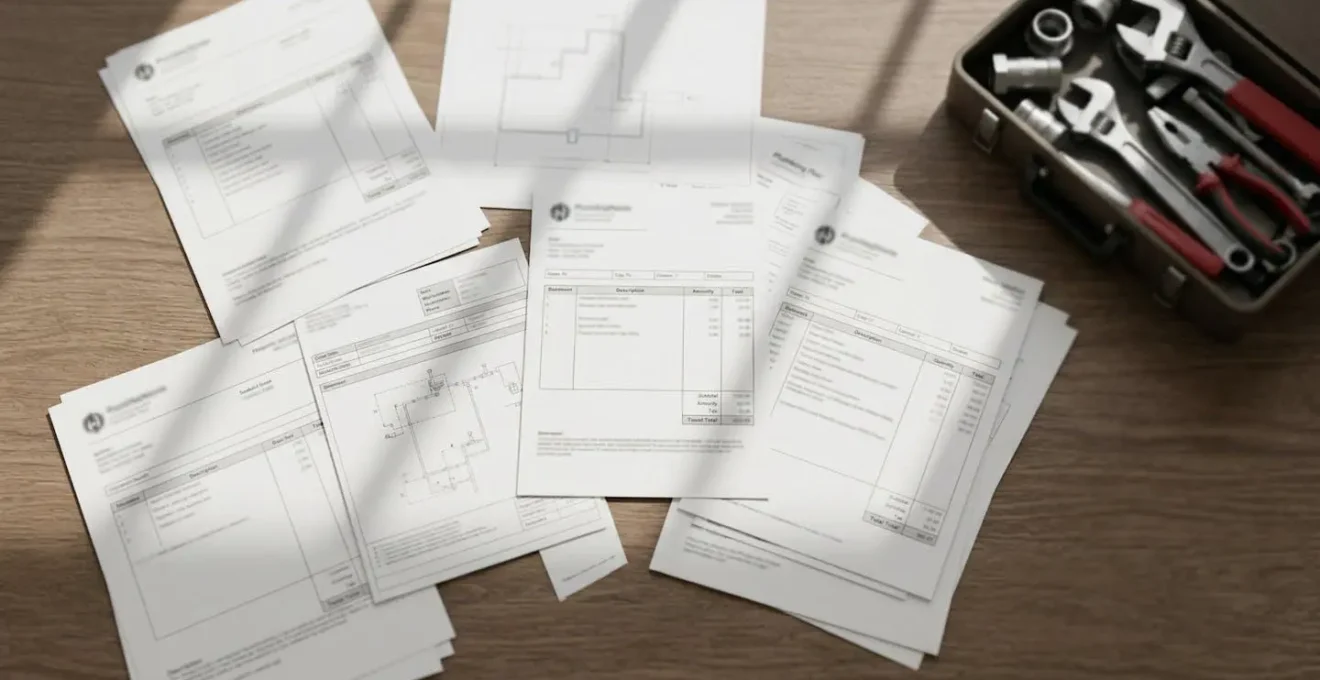 Vue plongeante d'un bureau avec documents de plomberie et factures éparpillés