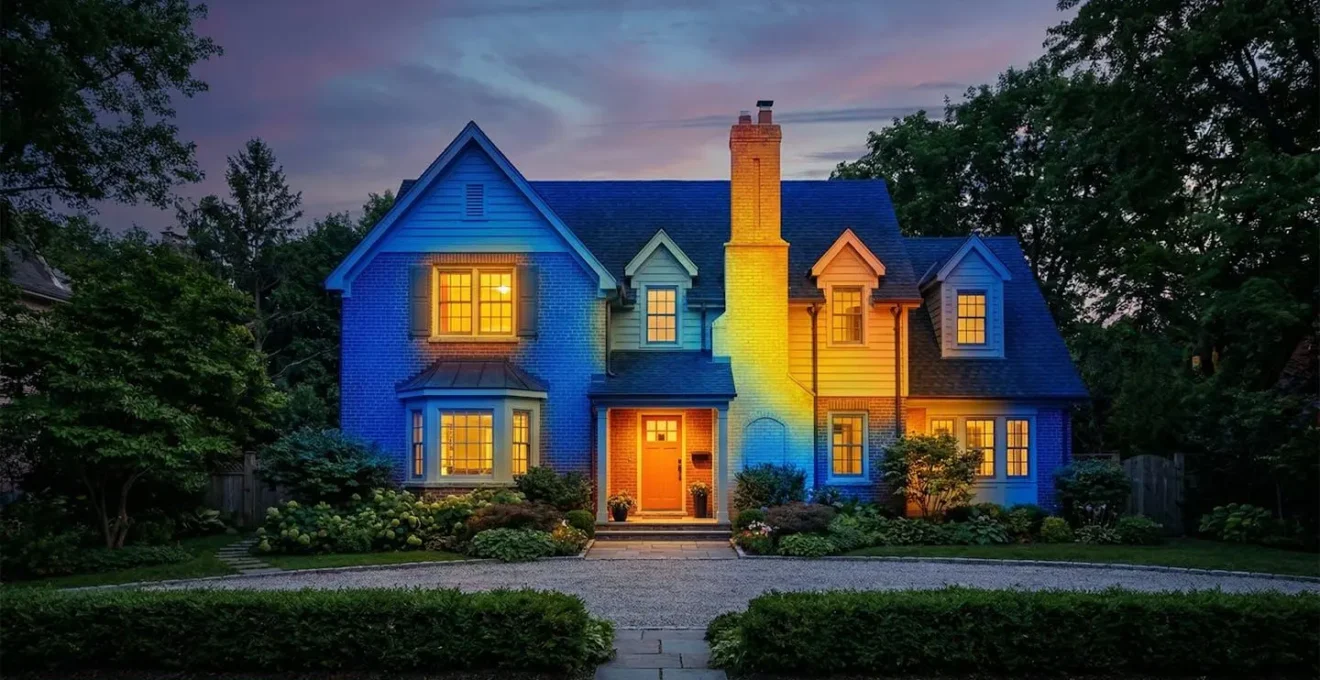 Vue large d'une maison avec représentation symbolique de l'analyse thermique par des jeux de lumière colorée sur la façade