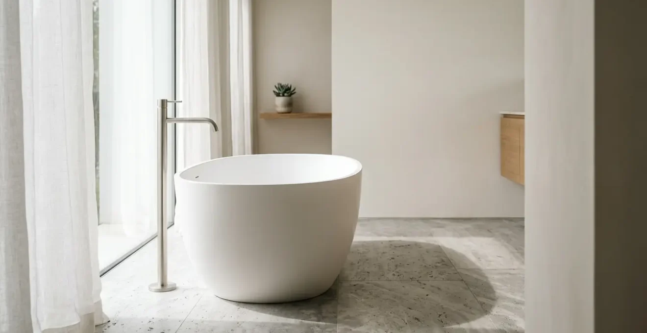 Baignoire îlot moderne dans une salle de bain épurée avec robinetterie sur pied