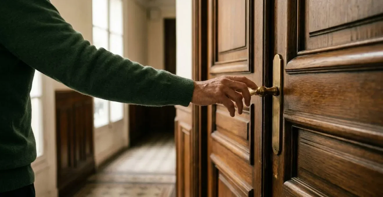 Bloc-porte blindé reproduisant les moulures et l'aspect d'une porte d'immeuble haussmannien