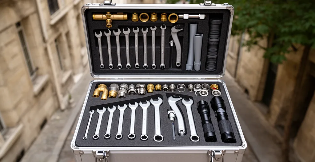 Organisation matériel plomberie dans bac vélo-cargo professionnel