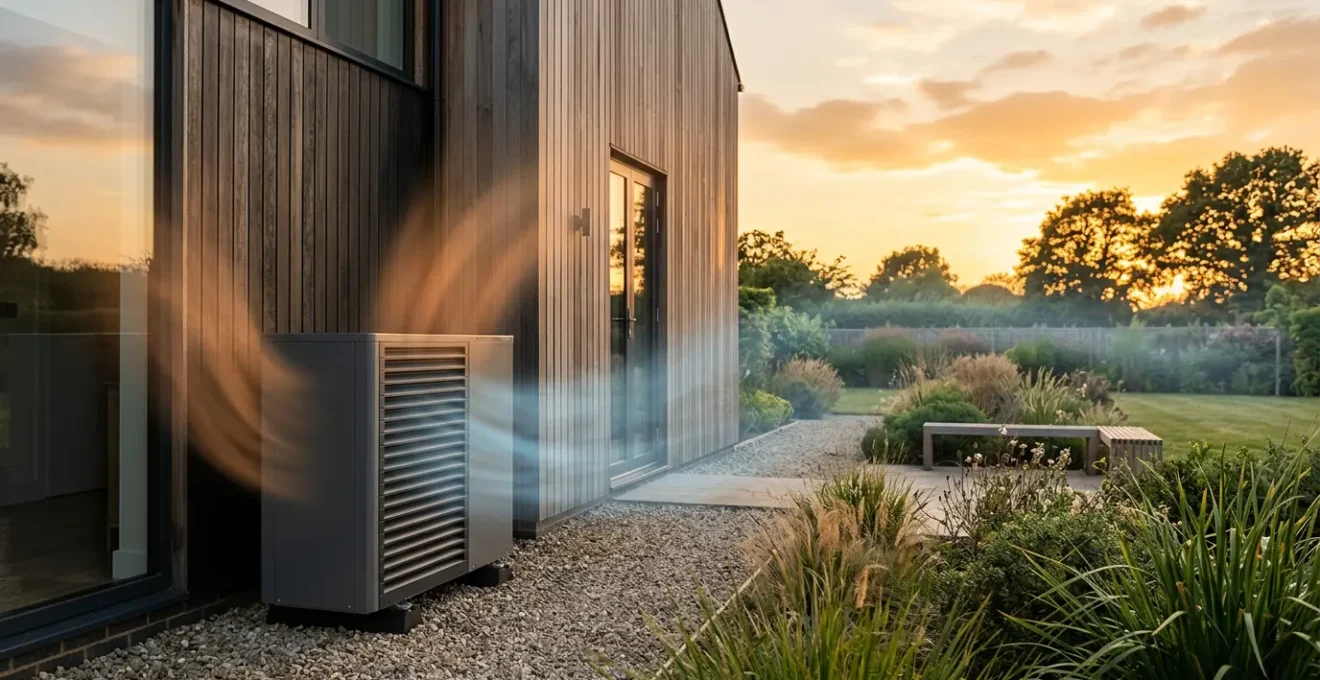Vue technique d'une pompe à chaleur moderne dans un environnement résidentiel avec représentation visuelle des flux thermiques