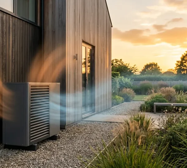 Vue technique d'une pompe à chaleur moderne dans un environnement résidentiel avec représentation visuelle des flux thermiques