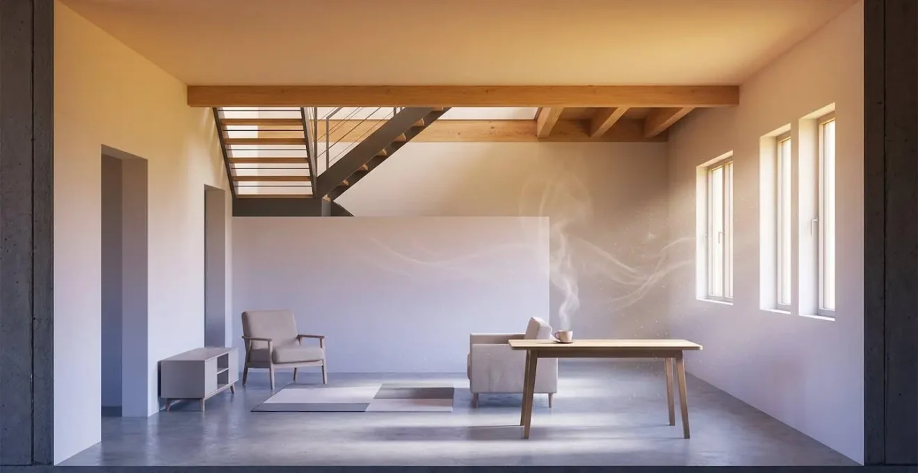 Coupe transversale d'une maison montrant la stratification de l'air et les flux de ventilation