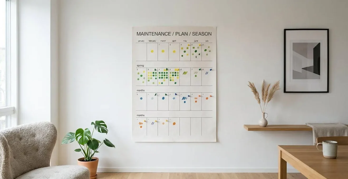 Vue minimale d'un calendrier mural avec des marqueurs colorés indiquant les périodes optimales d'entretien