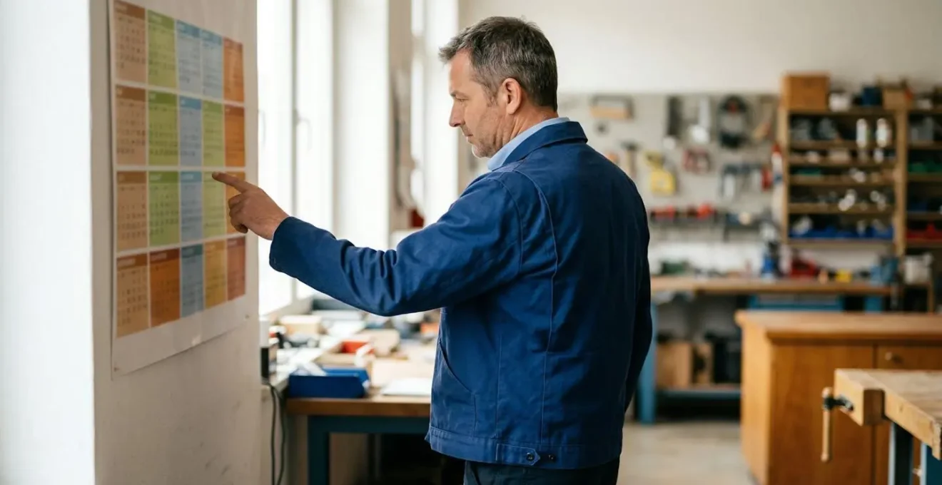 Vue d'ensemble d'un chauffagiste consultant un calendrier mural avec des marqueurs saisonniers pour planifier un remplacement
