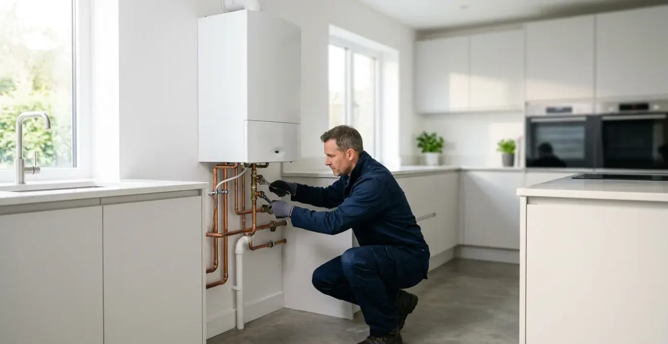 Installation professionnelle d'une chaudière à condensation dans une cuisine moderne