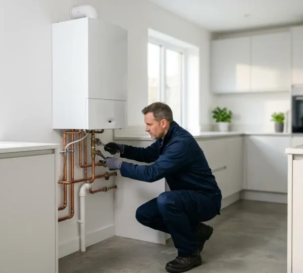 Installation professionnelle d'une chaudière à condensation dans une cuisine moderne
