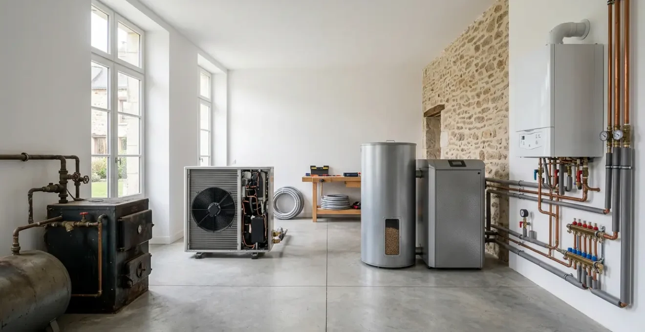 Comparaison visuelle des systèmes de chauffage alternatifs au fioul dans une maison française moderne
