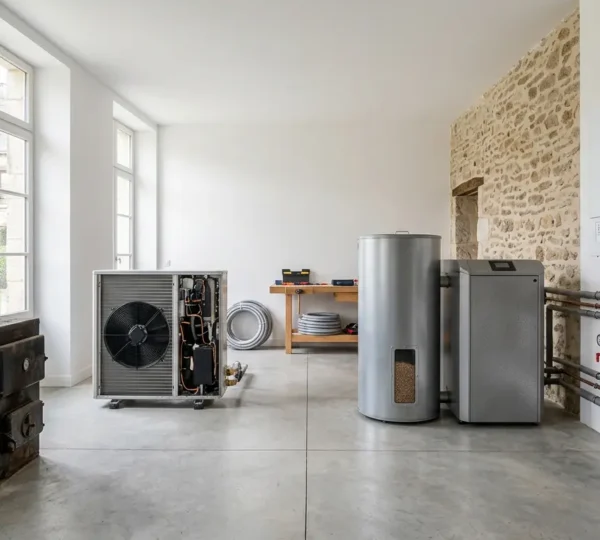 Comparaison visuelle des systèmes de chauffage alternatifs au fioul dans une maison française moderne