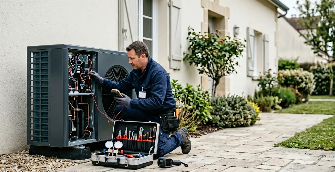 Chauffagiste spécialisé en train d'analyser les réglages d'une pompe à chaleur avec des outils de mesure professionnels