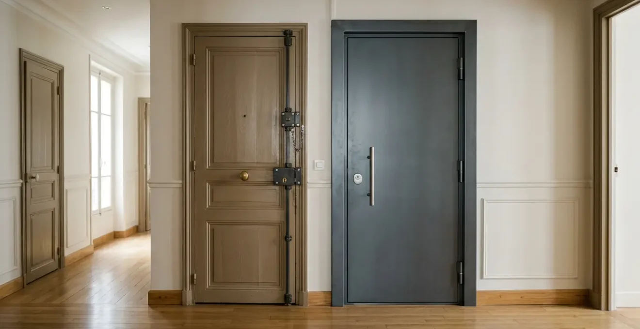 Comparaison visuelle entre un blindage de porte existante et un bloc-porte blindé moderne dans un appartement