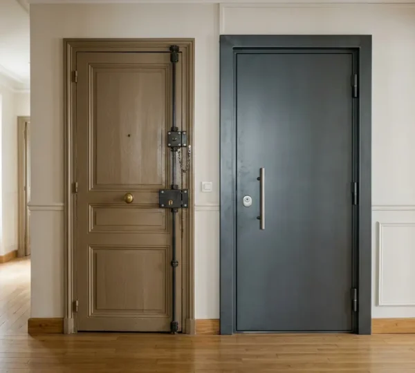 Comparaison visuelle entre un blindage de porte existante et un bloc-porte blindé moderne dans un appartement