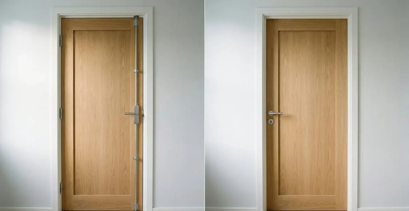 Vue comparative d'une porte avec serrure en applique à gauche et encastrée à droite