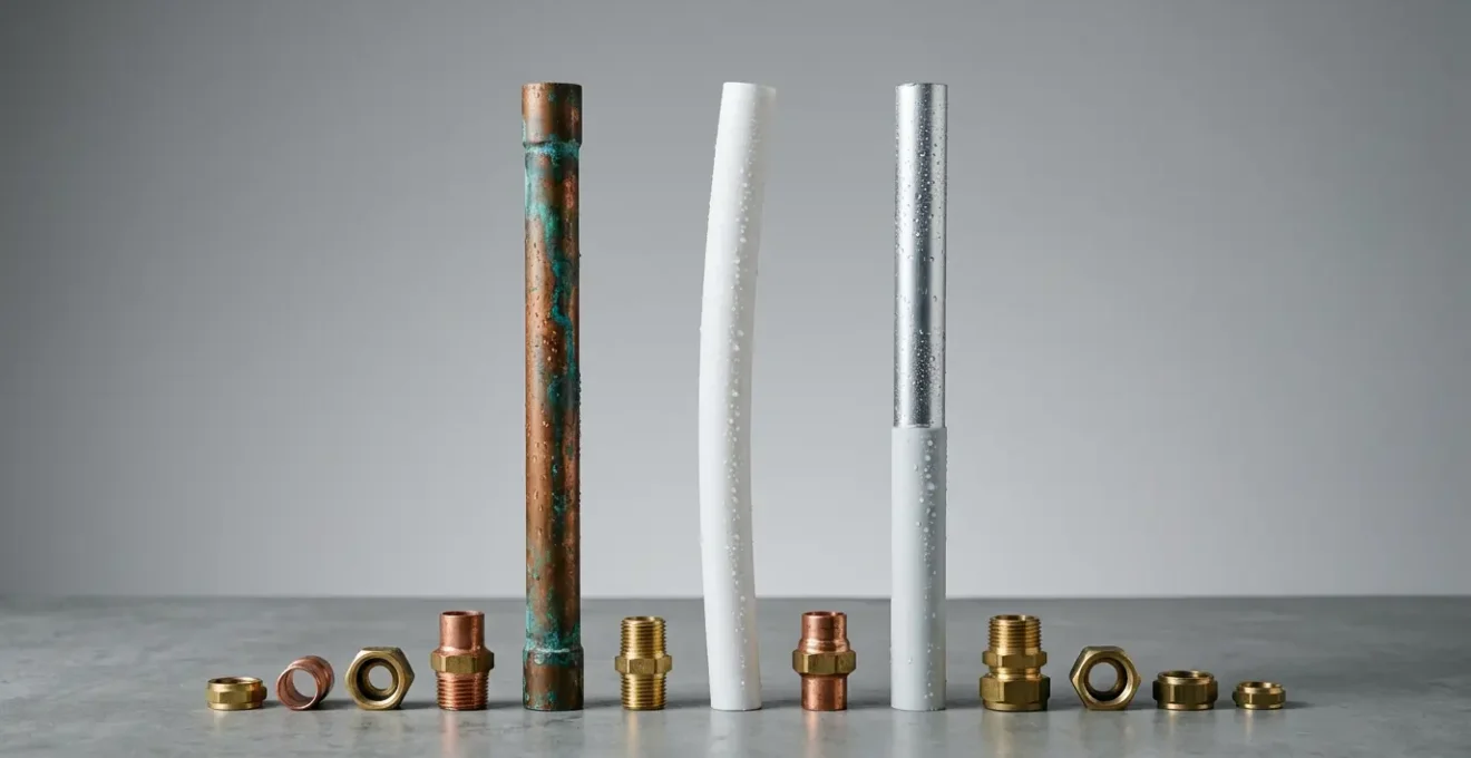 Comparaison visuelle de trois types de tuyaux de plomberie avec leurs propriétés acoustiques et thermiques
