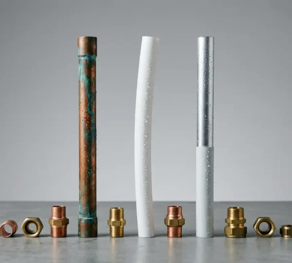 Comparaison visuelle de trois types de tuyaux de plomberie avec leurs propriétés acoustiques et thermiques