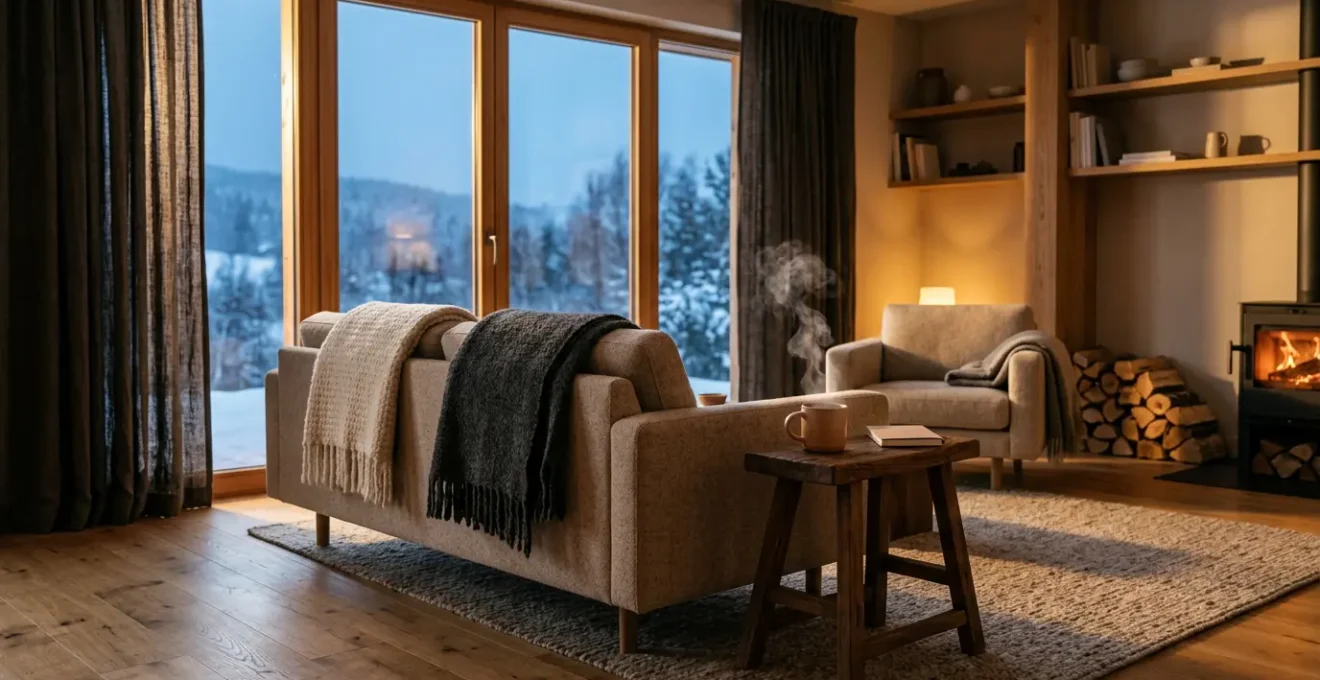 Intérieur confortable d'une maison moderne en hiver avec éclairage chaleureux et textures douces