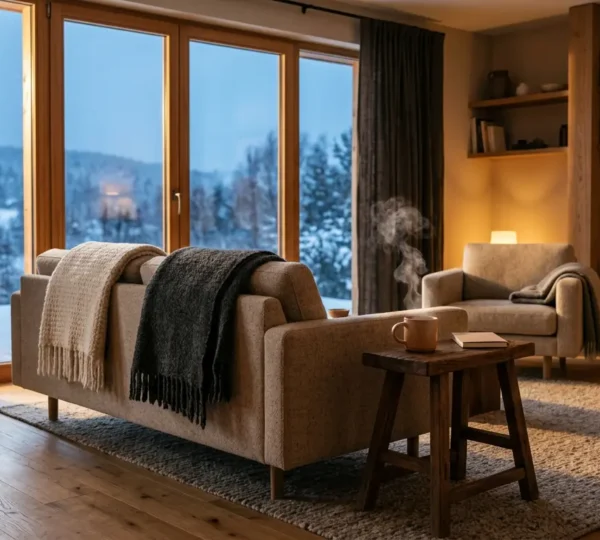 Intérieur confortable d'une maison moderne en hiver avec éclairage chaleureux et textures douces