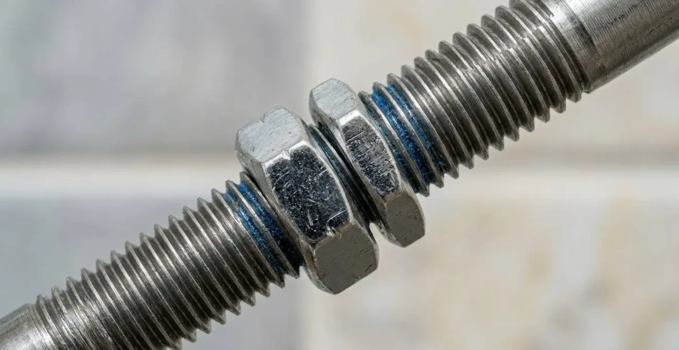 Vue macro détaillée d'un système de double écrou sur tige filetée pour fixation WC suspendu