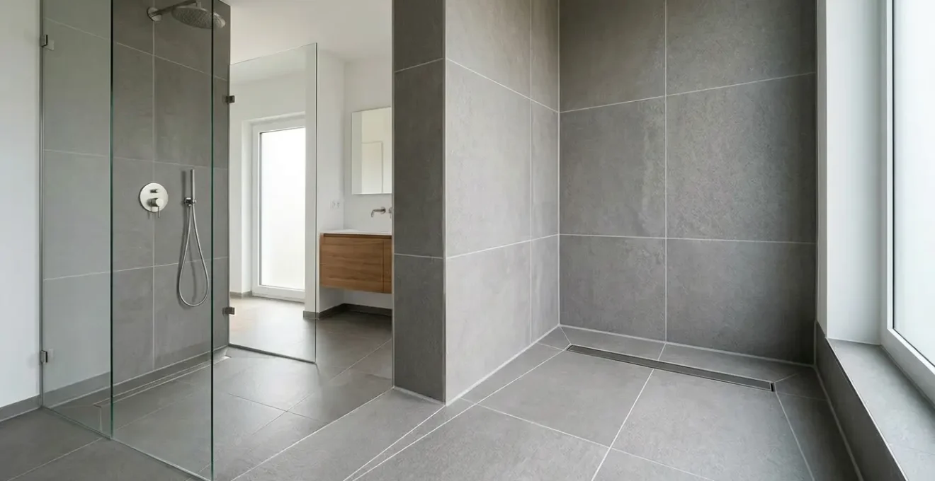 Vue détaillée d'une douche à l'italienne moderne avec carrelage et système d'évacuation