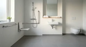 Salle de bain moderne avec douche PMR accessible, barres d'appui et siège intégré