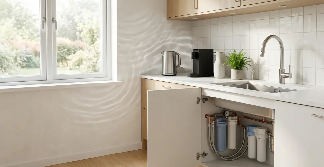 Intérieur moderne avec appareils électroménagers et système de traitement d'eau visible sous l'évier