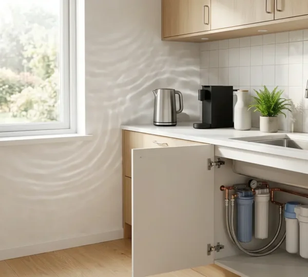 Intérieur moderne avec appareils électroménagers et système de traitement d'eau visible sous l'évier