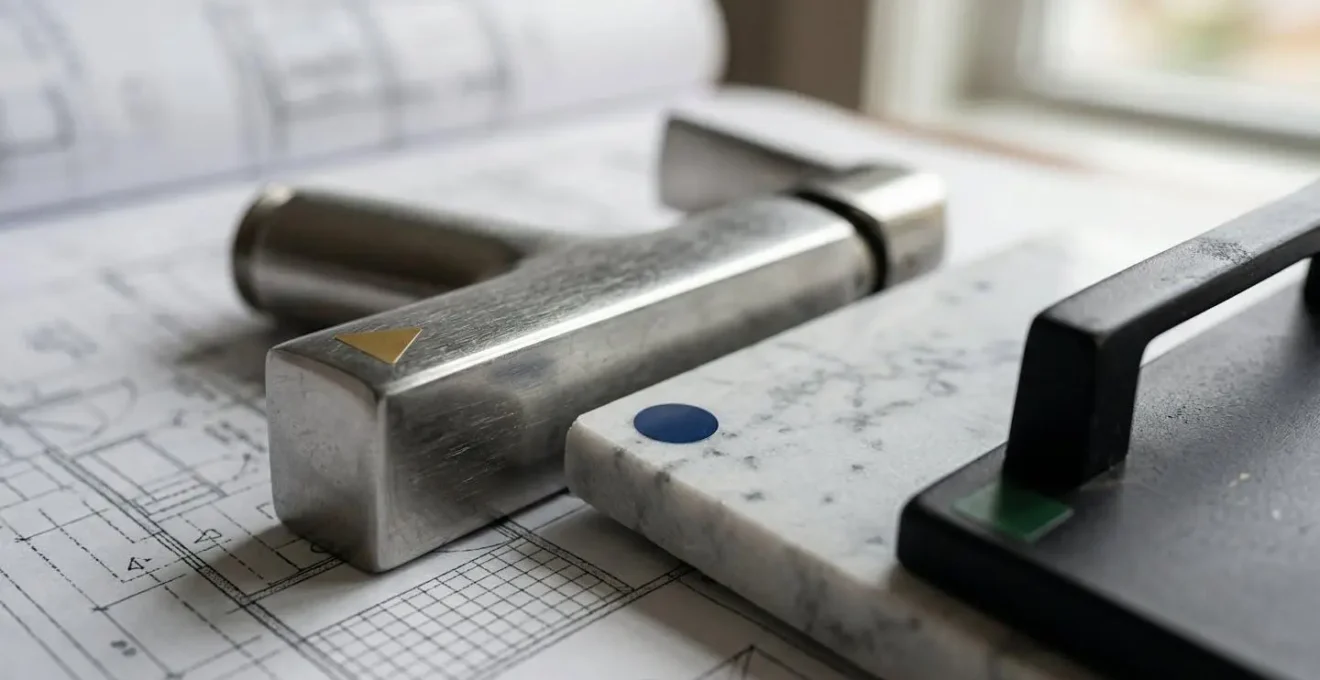 Vue macro d'échantillons de carrelage, robinetterie et finitions disposés sur un plan technique avec annotations