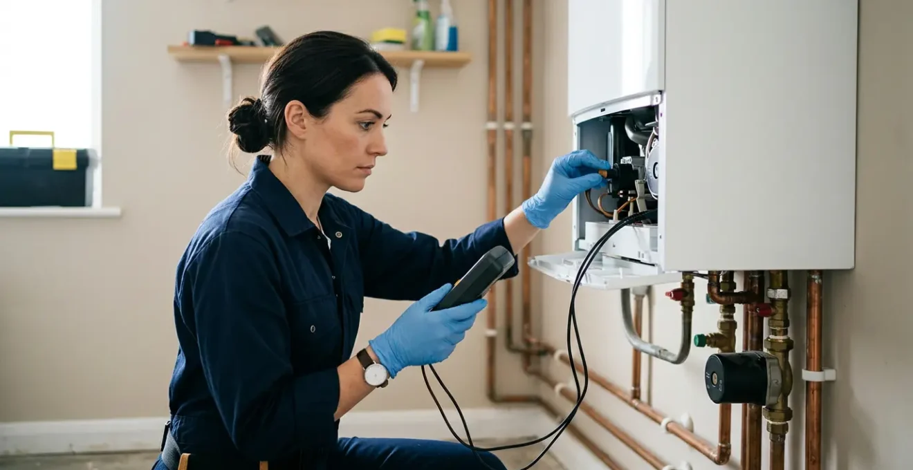 Technicien professionnel effectuant l'entretien annuel d'une chaudière dans une maison moderne