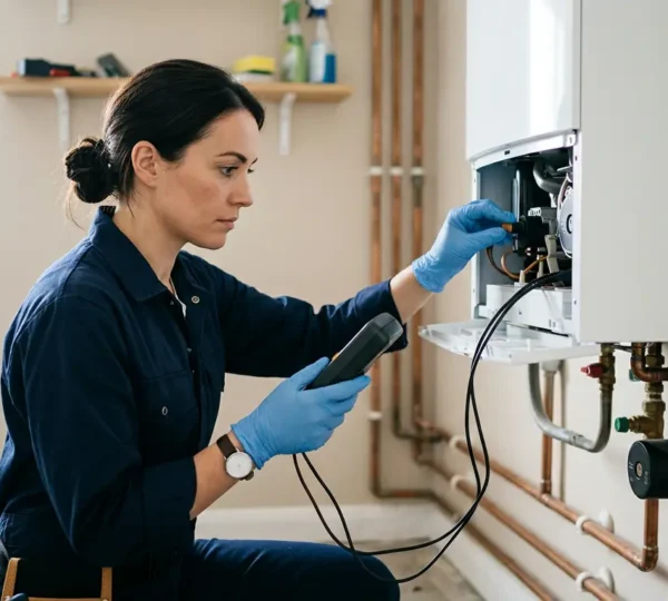 Technicien professionnel effectuant l'entretien annuel d'une chaudière dans une maison moderne