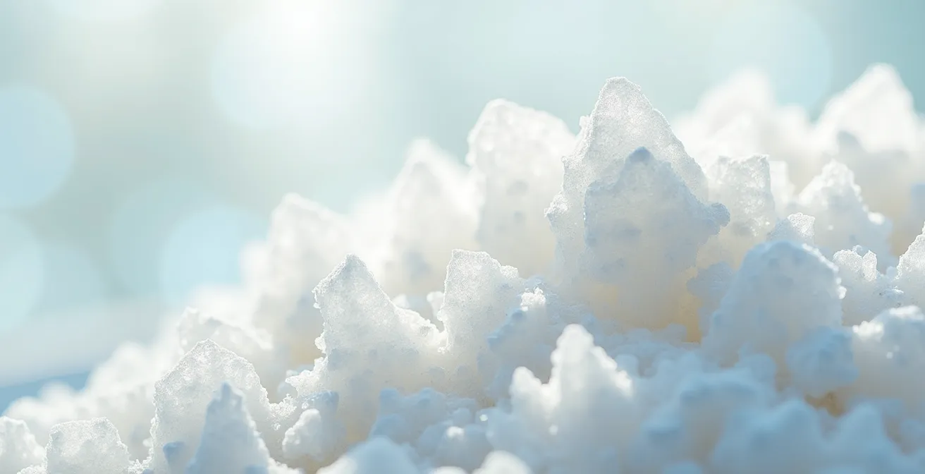 Vue macro de cristaux de soude et vinaigre blanc pour entretien écologique