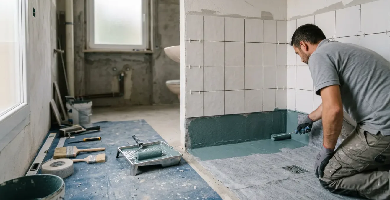 Application professionnelle d'un système d'étanchéité liquide dans une douche à l'italienne en construction