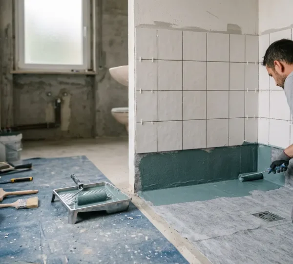 Application professionnelle d'un système d'étanchéité liquide dans une douche à l'italienne en construction
