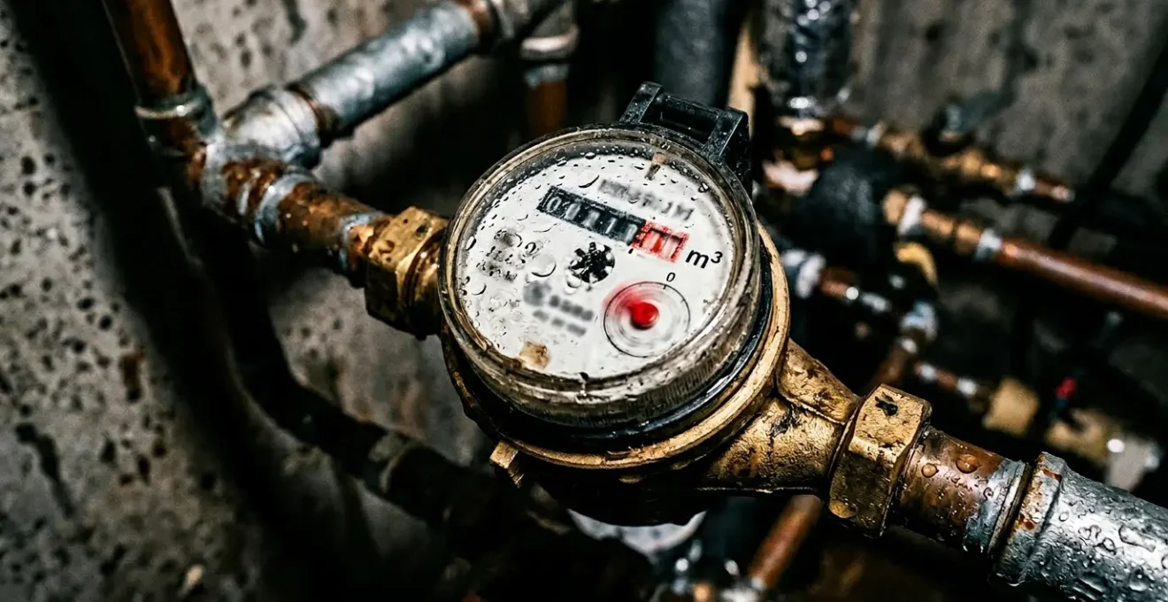 Gros plan sur un compteur d'eau avec gouttes et indicateur de consommation élevée